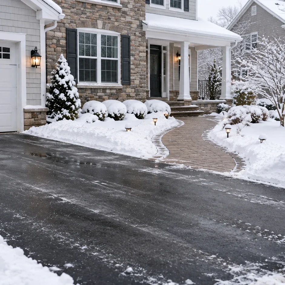 Residential driveway and front walkway cleared of snow after an Iron Oaks Snow Season Pass service visit